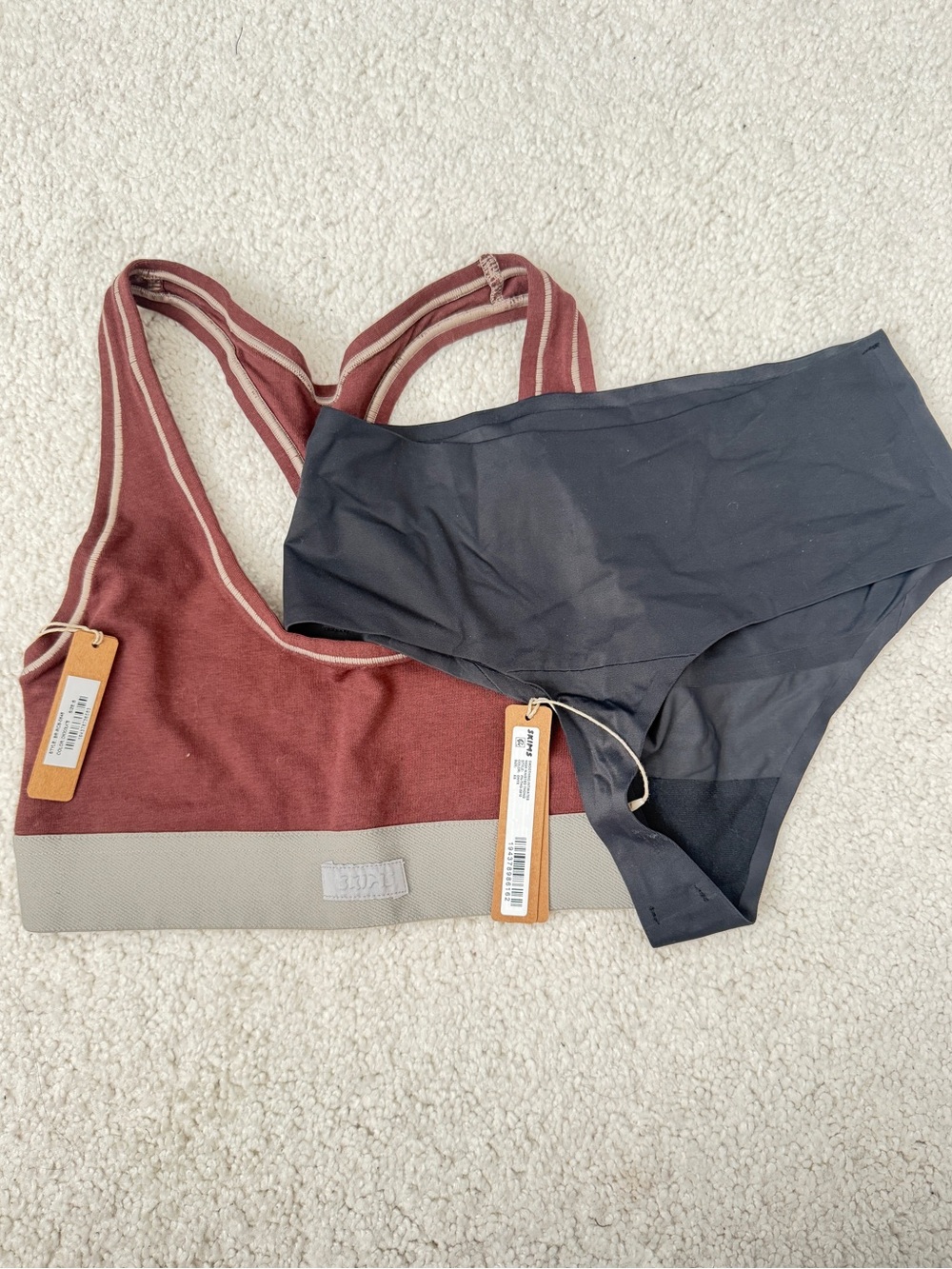 SKIMS Ribbed Maroon Sports Bra with Charcoal Seamless Hipster
